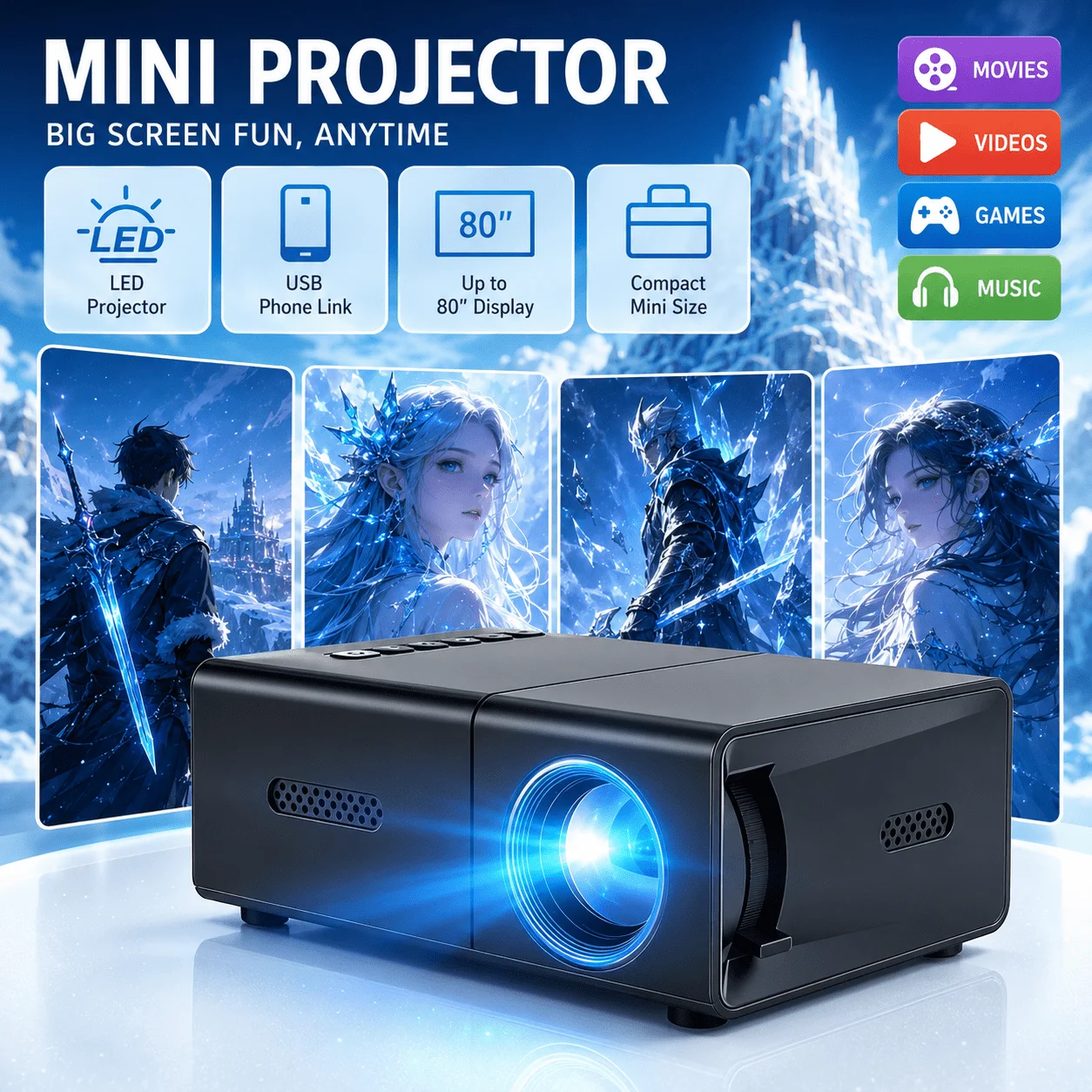 Retro Gaming Projector - Mini tragbarer Projektor, kompatibel mit Heimkino