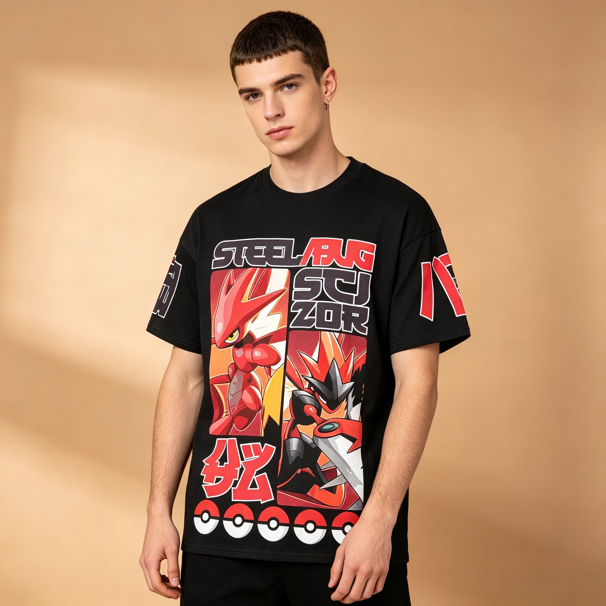 Retro Gaming Shirt - Herren-T-Shirt im Vintage-Gitter-Anime-Stil, Pokemon Scizor Steel