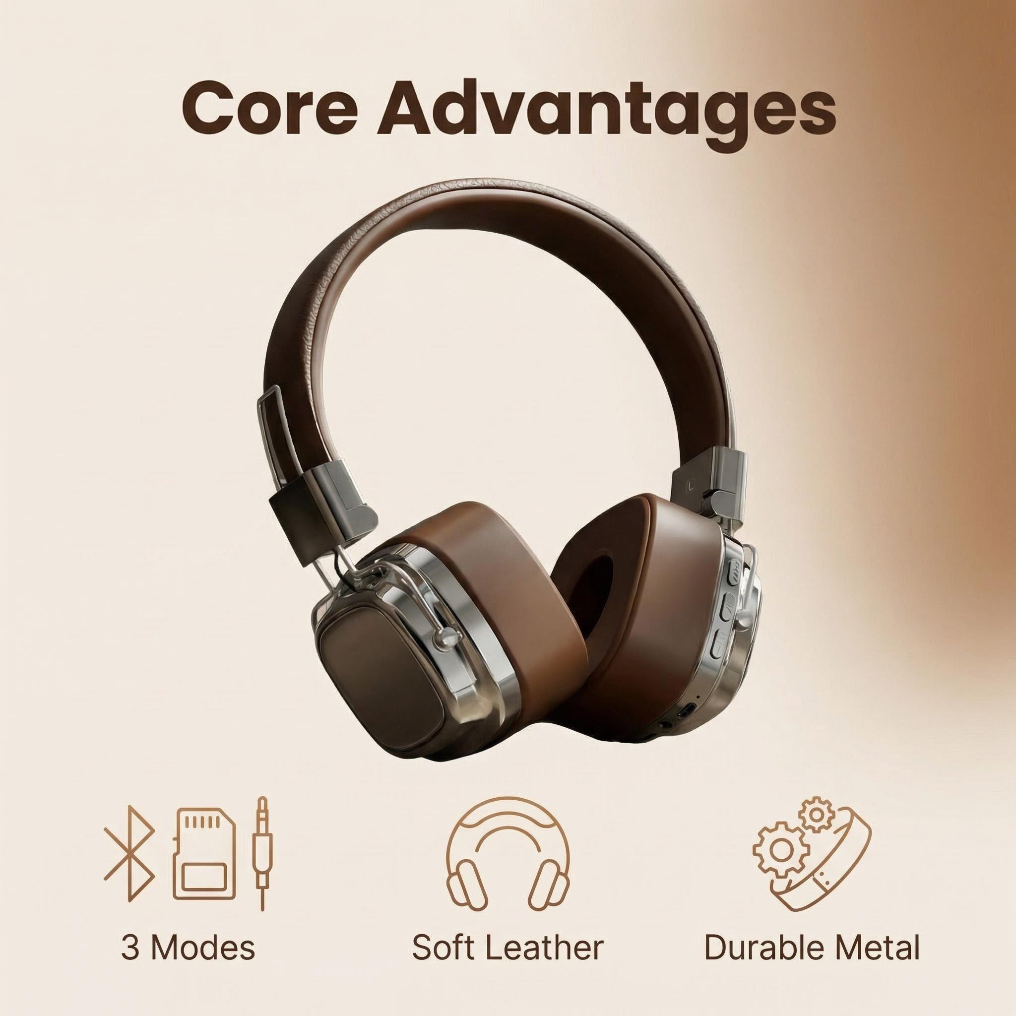Retro Gaming Cable - Retro-Leder-Over-Ear-Kopfhörer, kabellos, Bluetooth 5.3, faltbar, mit