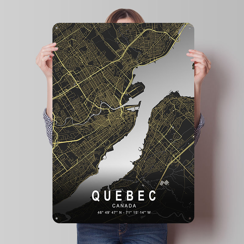 Retro Gaming Quebec - Quebec Silberne Stadtplan-Poster, personalisierte Retro-Wandkunst, Vintage-Metallschilder