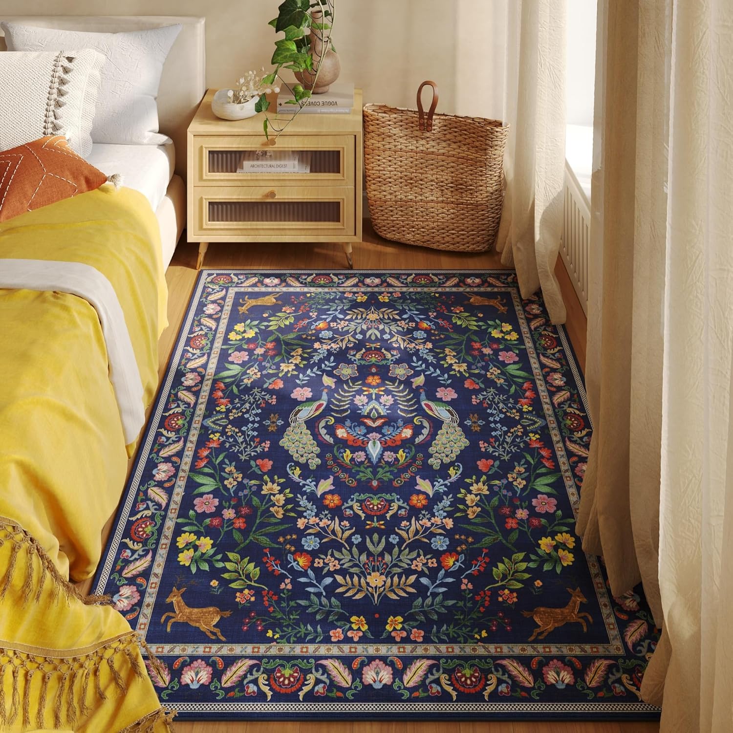 Marineblauer Pfau-Hirsch-Blume – Retro Gaming Rug Bewertung und Preis